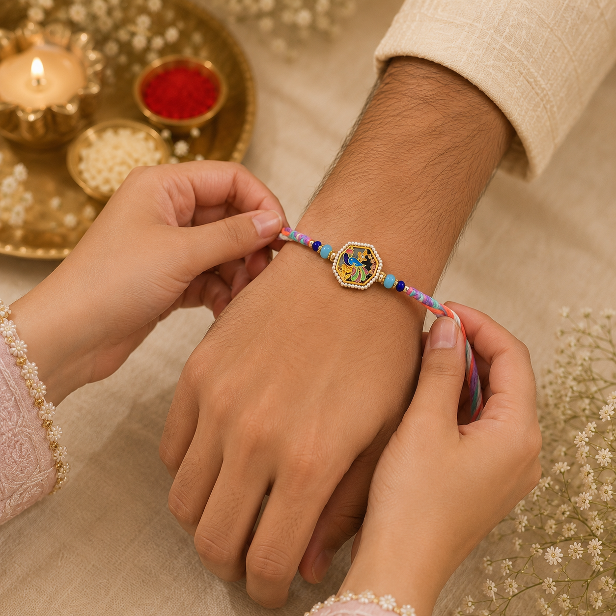 Peacock Enamel & Kundan Stone Rakhi Combo