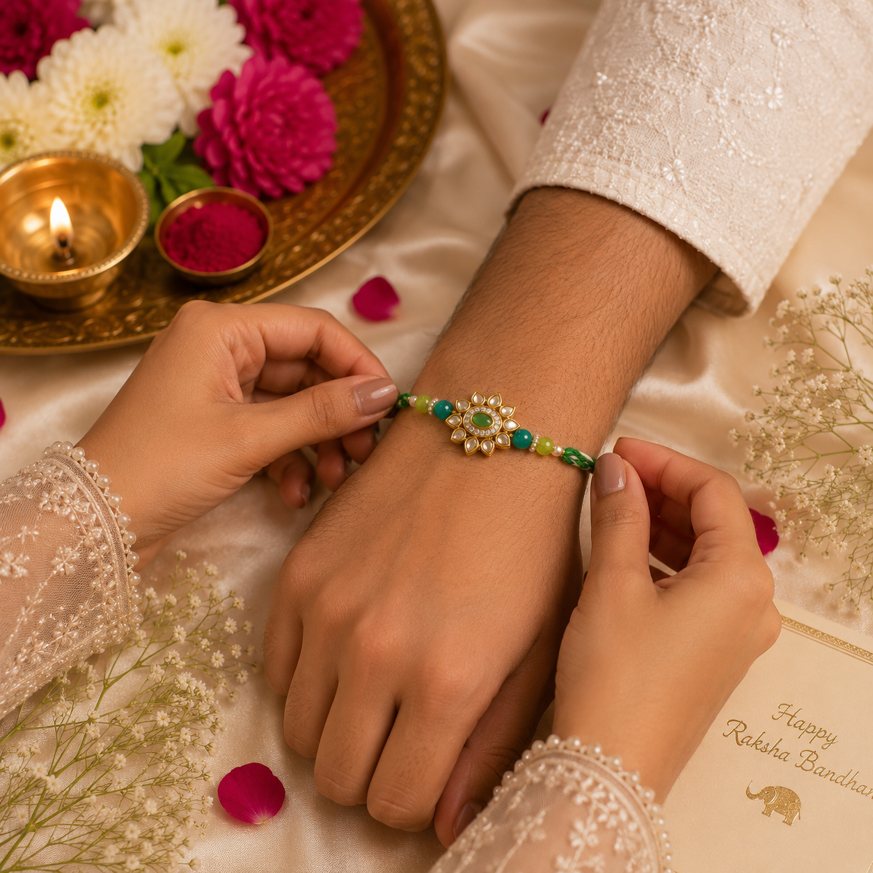 Emerald Sunflower Handmade Rakhi with Kundan Petals & Pearl Accents