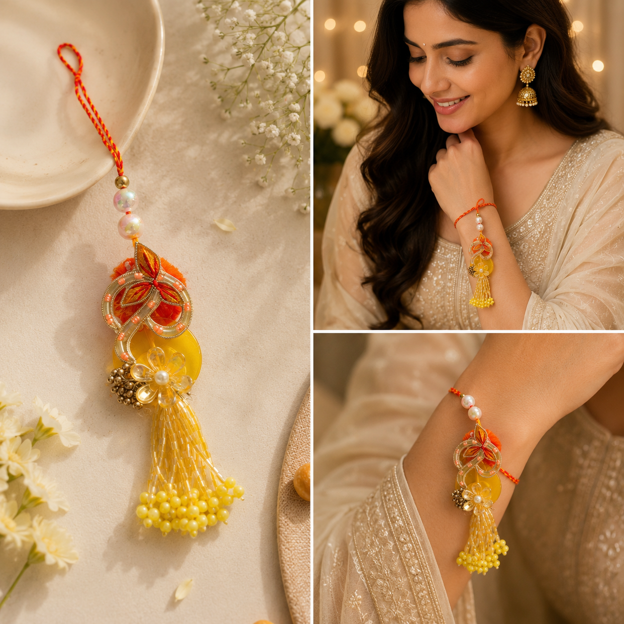 Handcrafted Floral Bhaiya Bhabhi Rakhi Set with Yellow Tassel Lumba