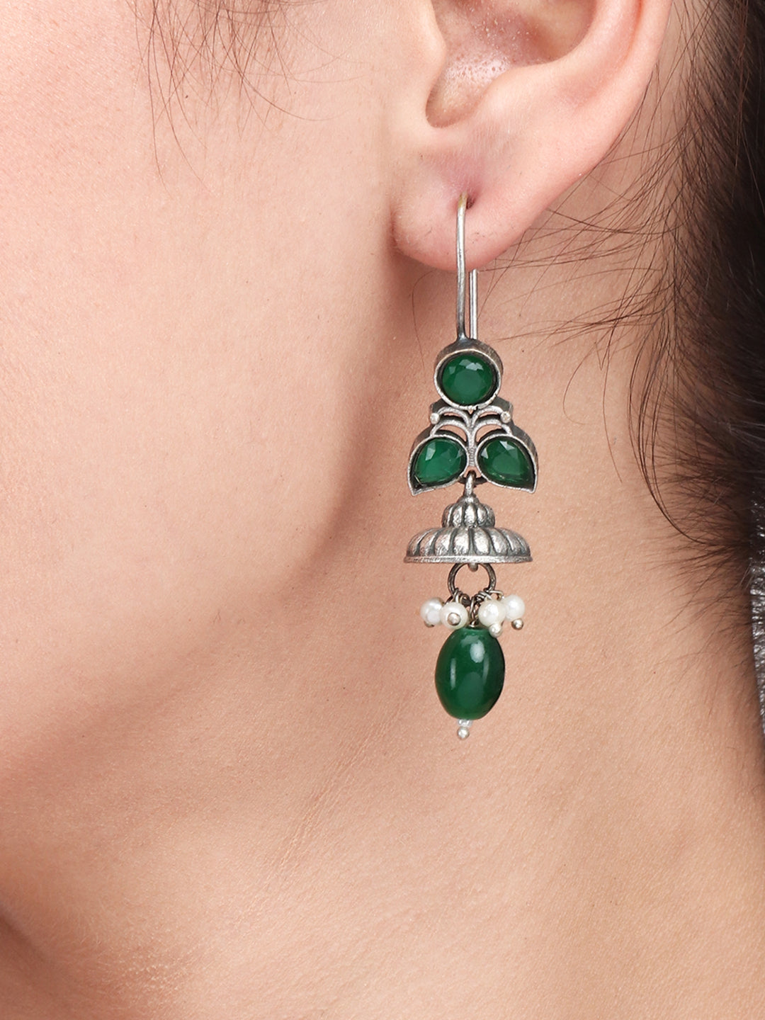 Silver Oxidised green drop earrings