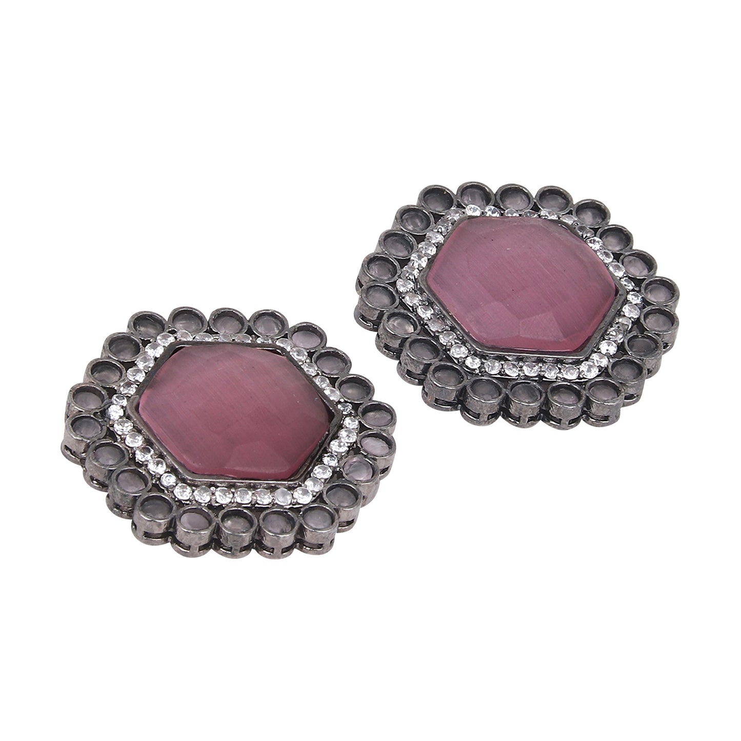 Silver Oxidised finish Pentagon Studs Pink