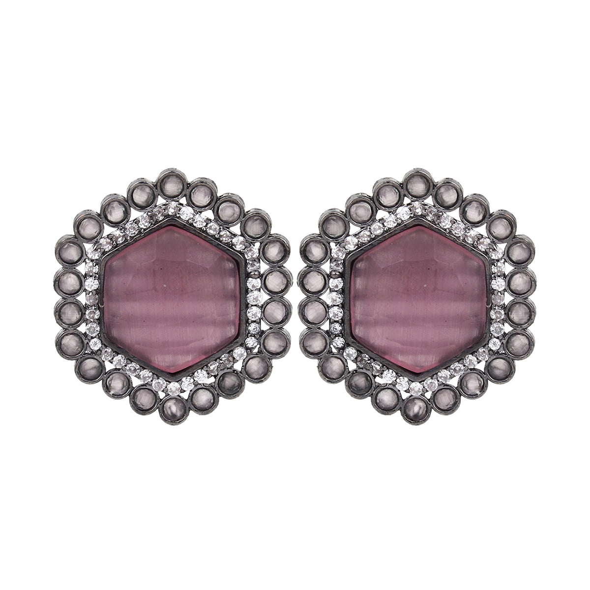 Silver Oxidised finish Pentagon Studs Pink