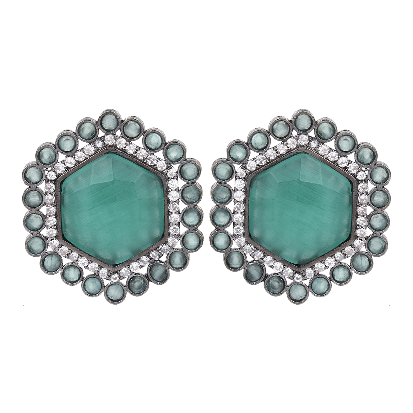 Silver Oxydised finish Pentagon Studs Green