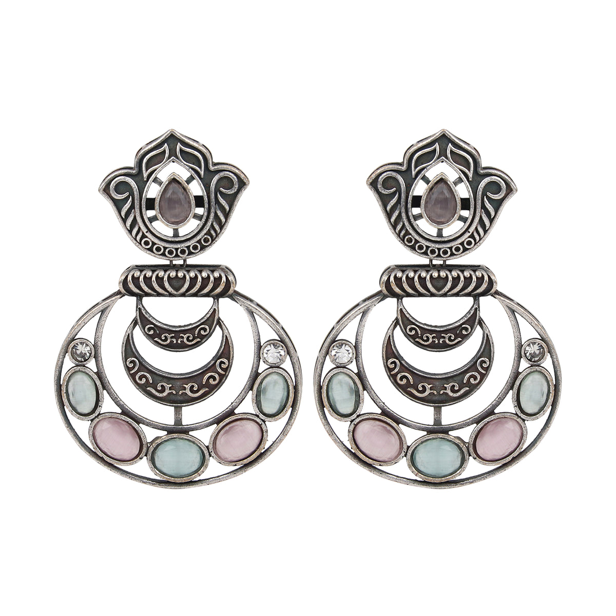Silver Oxidised finish multi colored Stone drop Earring