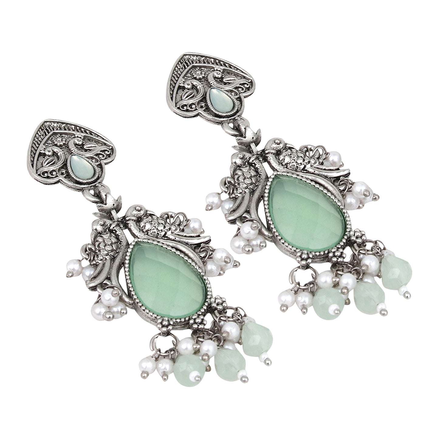 Silver Oxidised finish long drop Earring with Glass stone