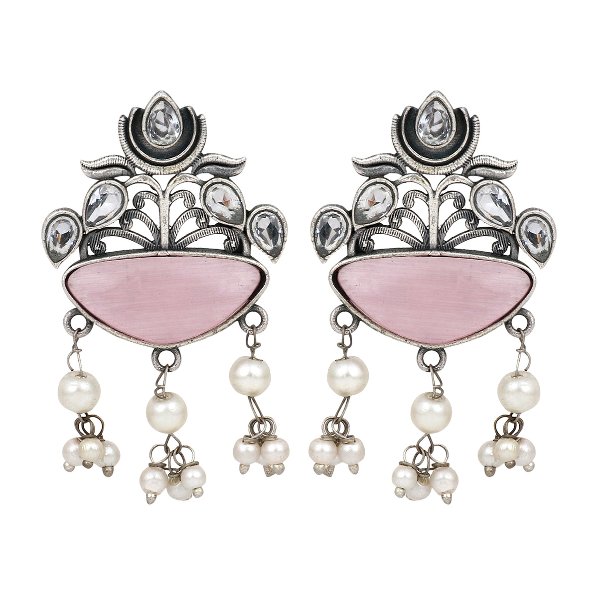 Silver Oxydised finish Pink drop earring