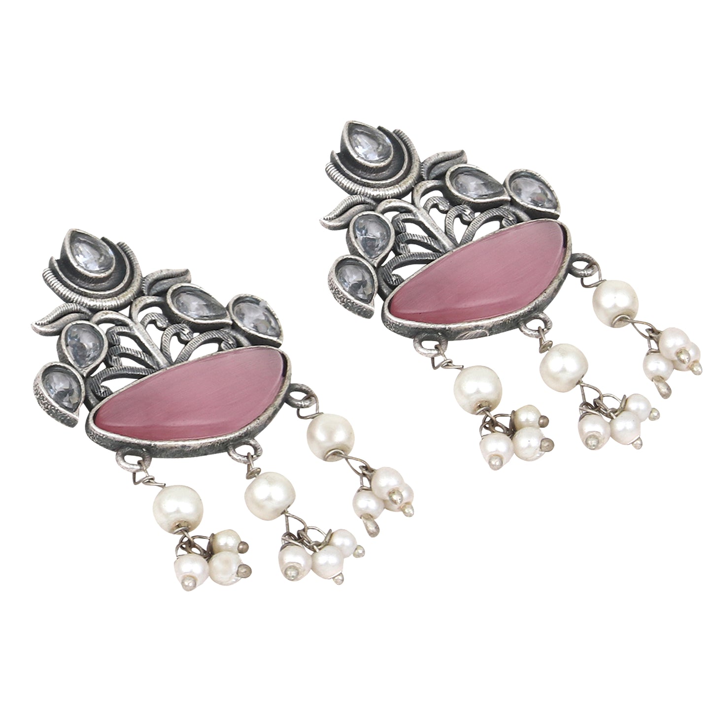 Silver Oxydised finish Pink drop earring