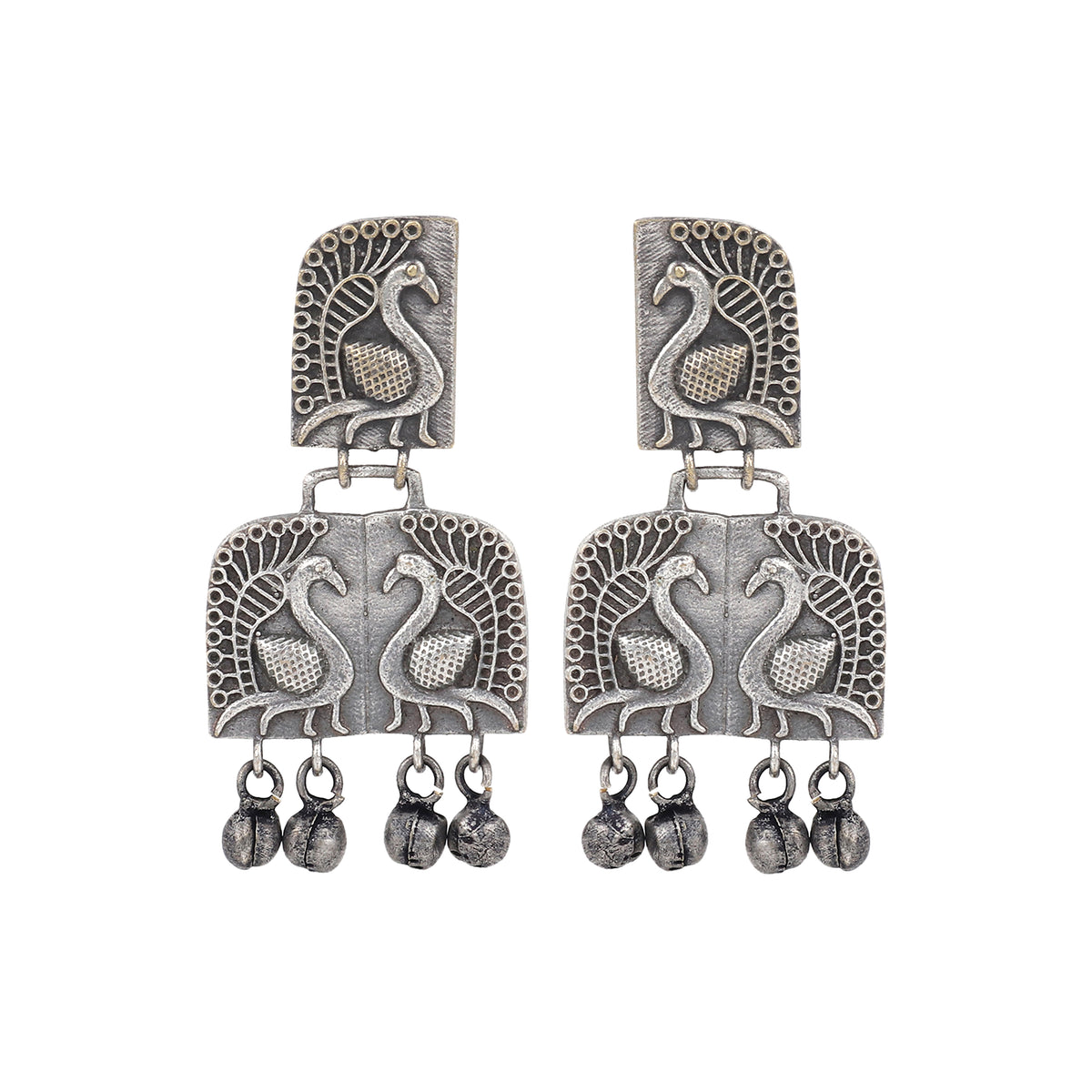 Silver Oxidised finish, peacock embossed drop Earring
