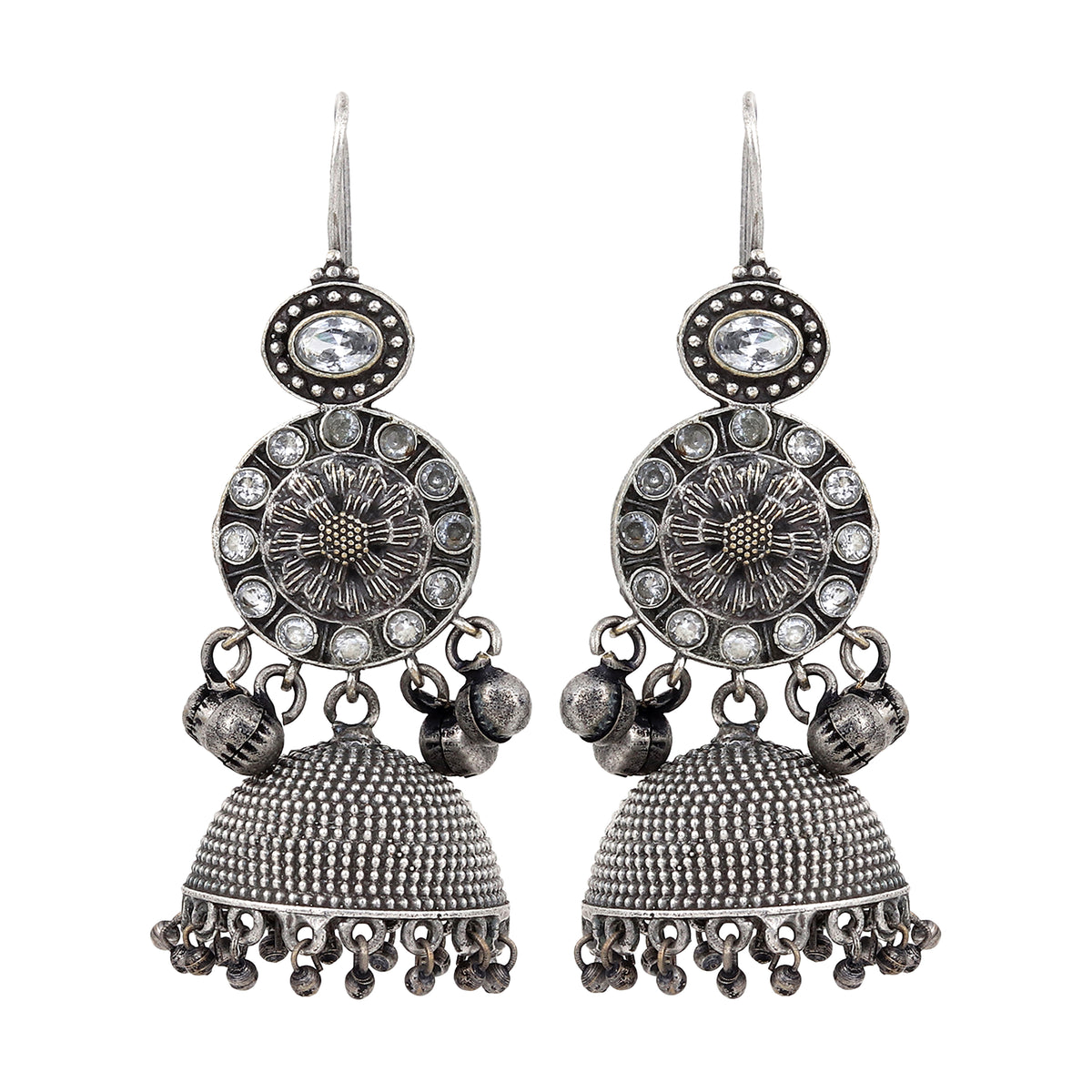 Silver Oxidised finish Jhumka with AD stone