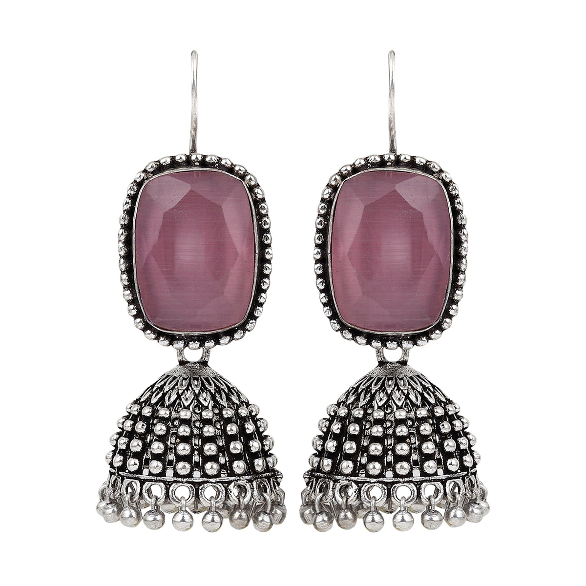 Silver Oxidised finish Jhumka with big glass Stone