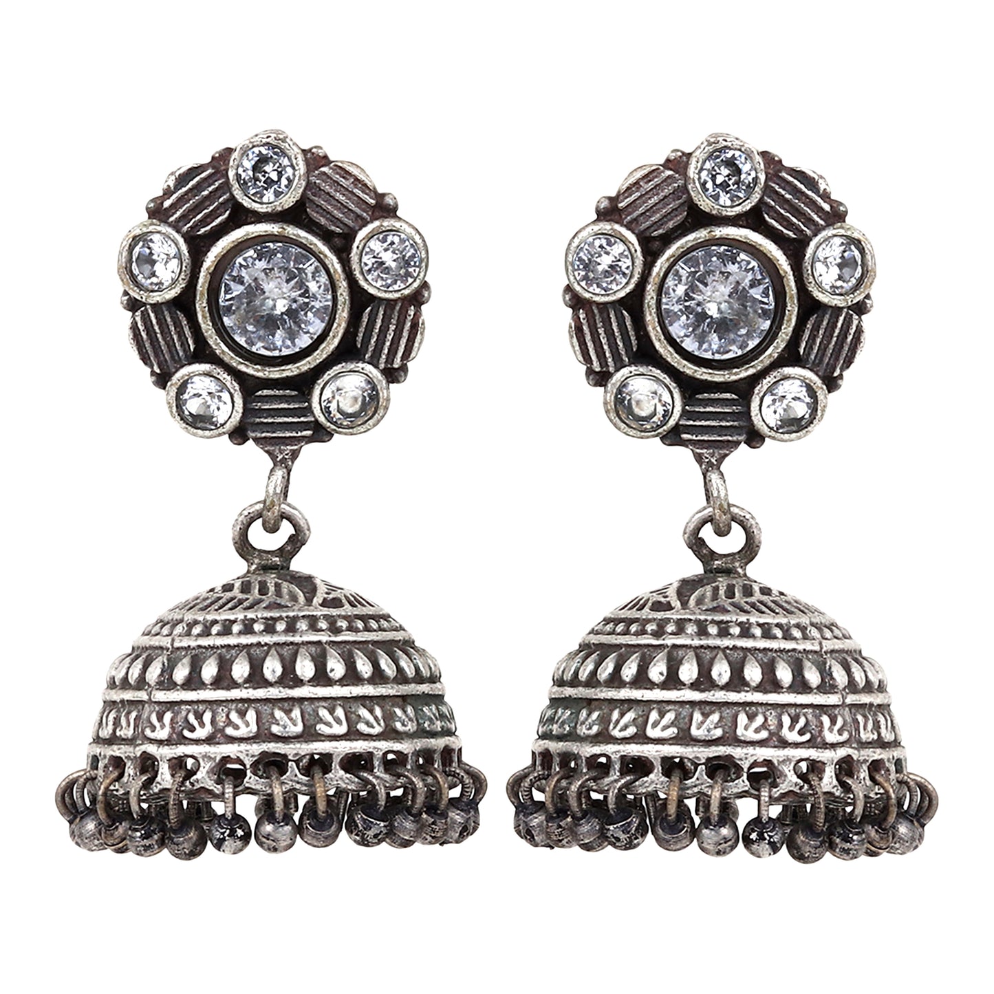 Silver Oxidised AD Stone Jhumka