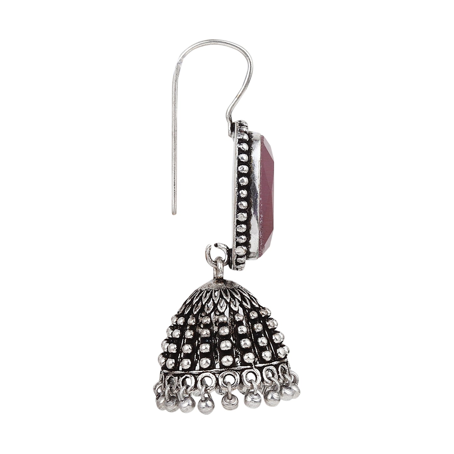 Silver Oxidised finish Jhumka with big glass Stone