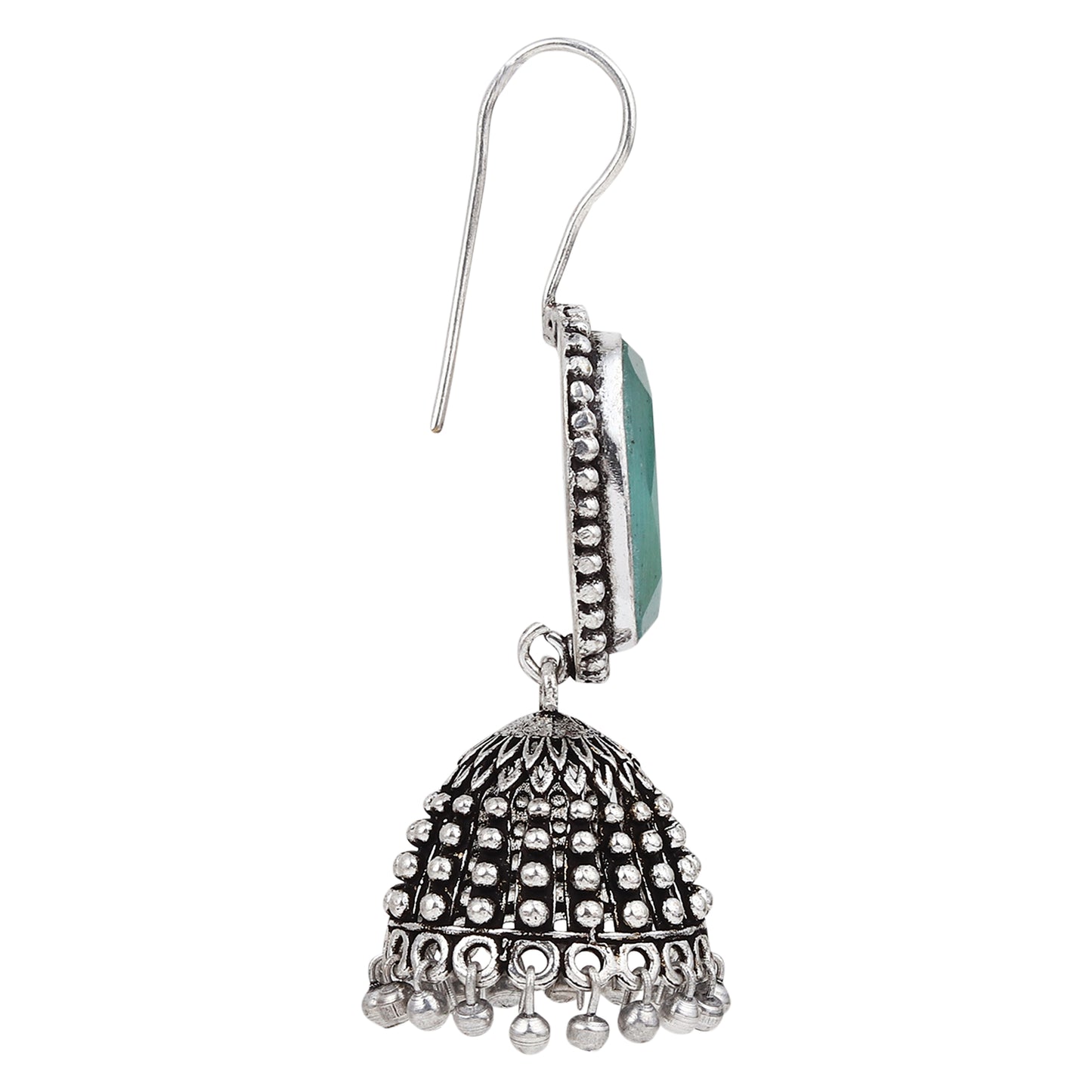 Silver Oxidised finish Jhumka with big glass Stone