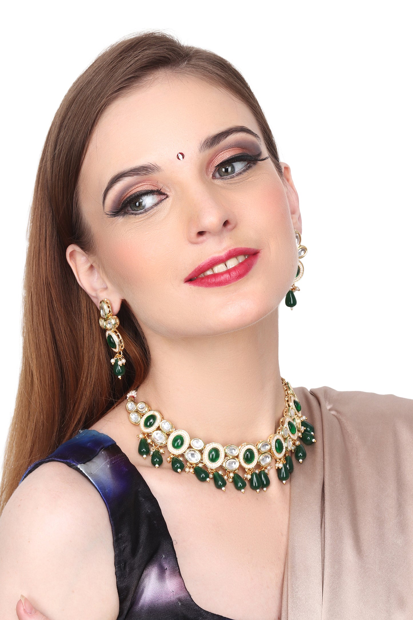 Gold plated Kundan choker set with green stone