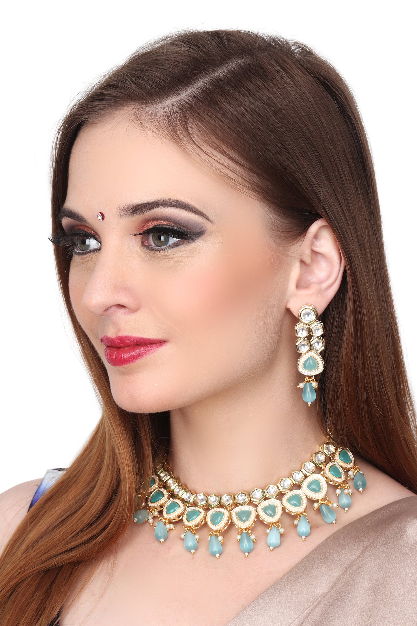 Gold plated kundan necklace set with blue stones