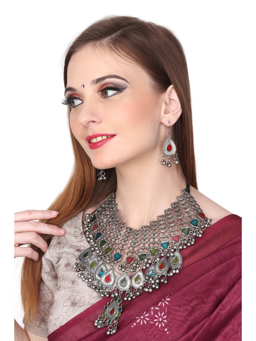 Silver Oxydised Jewellery Set with Meenakari