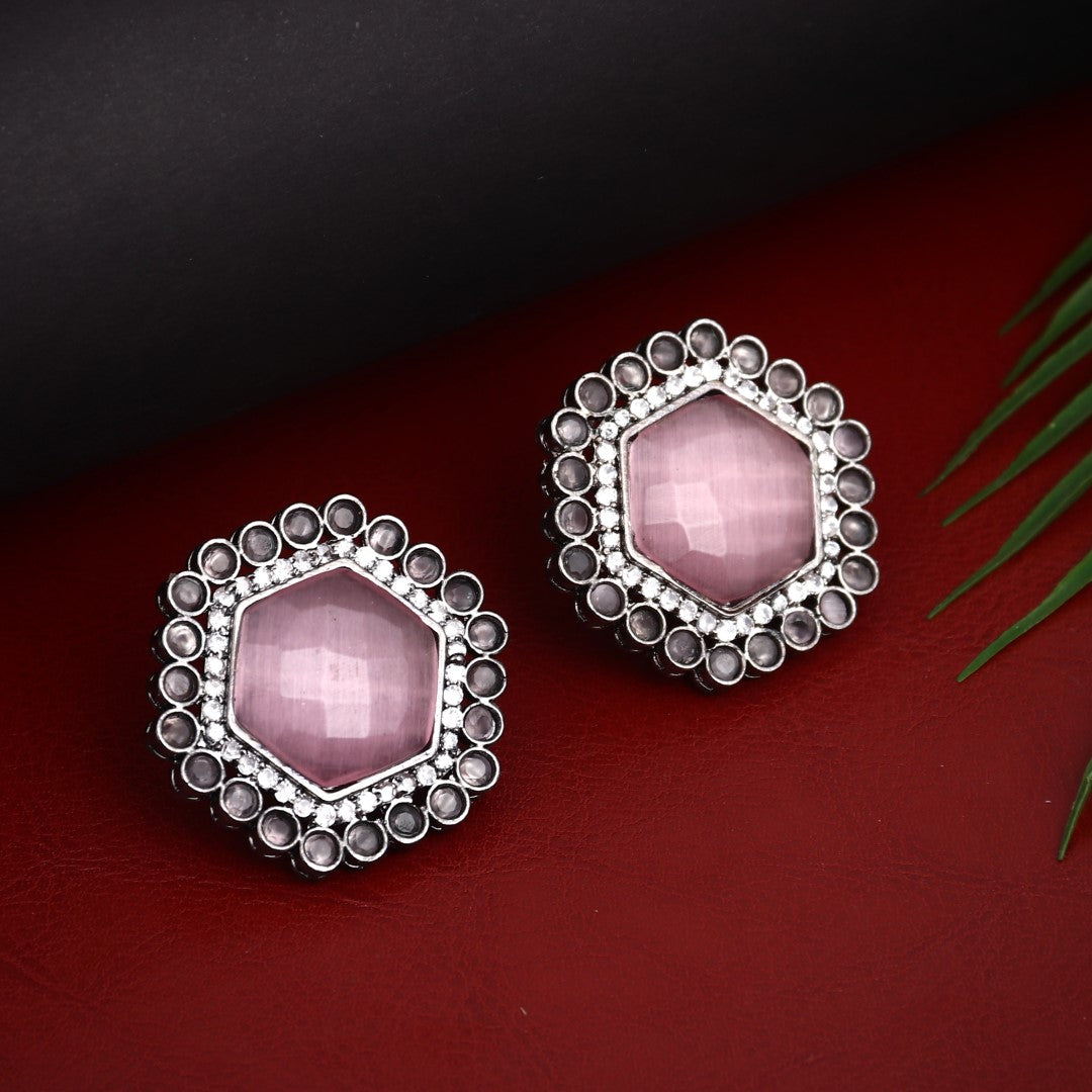 Silver Oxidised finish Pentagon Studs Pink