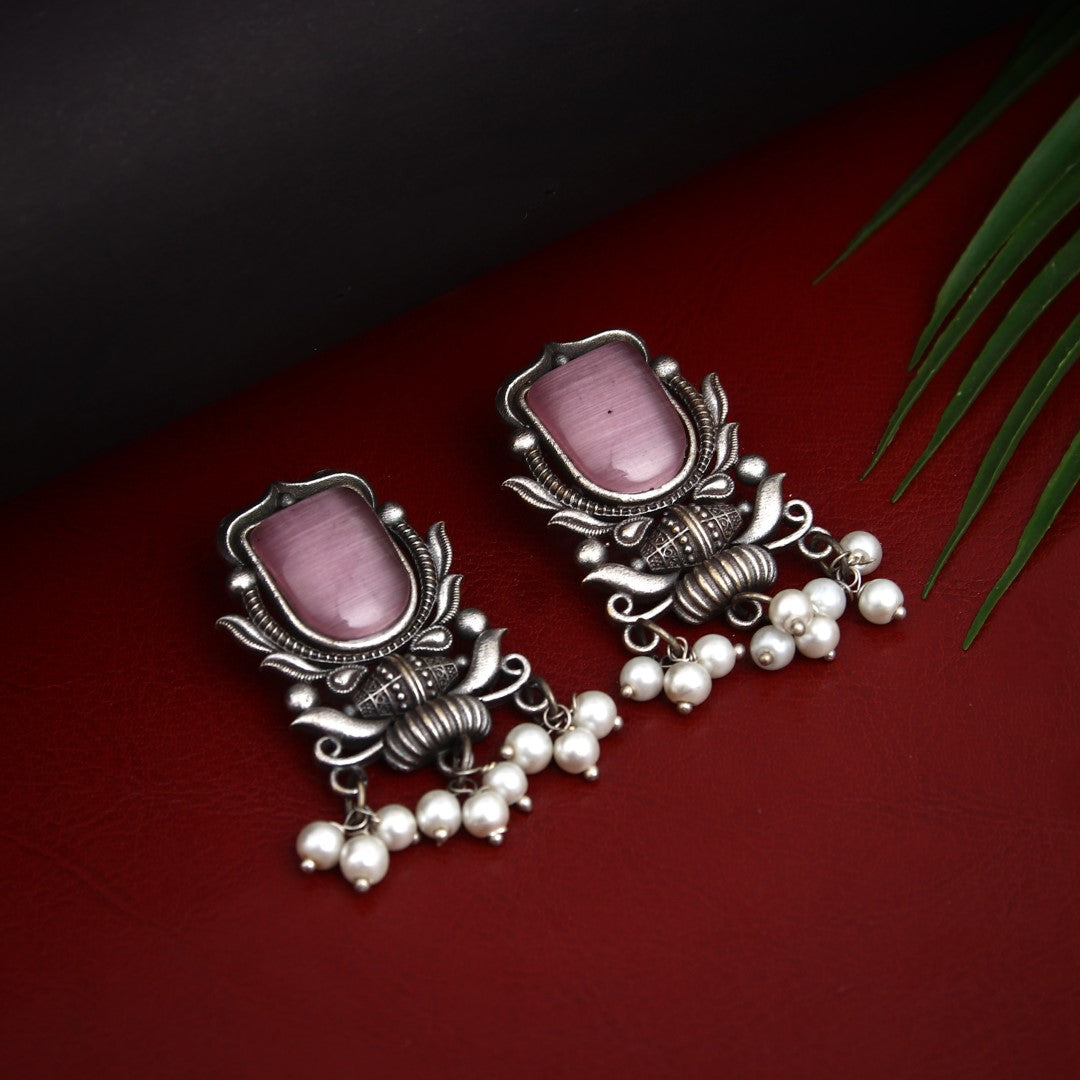 Silver Oxydised Contemporary Pink Studs