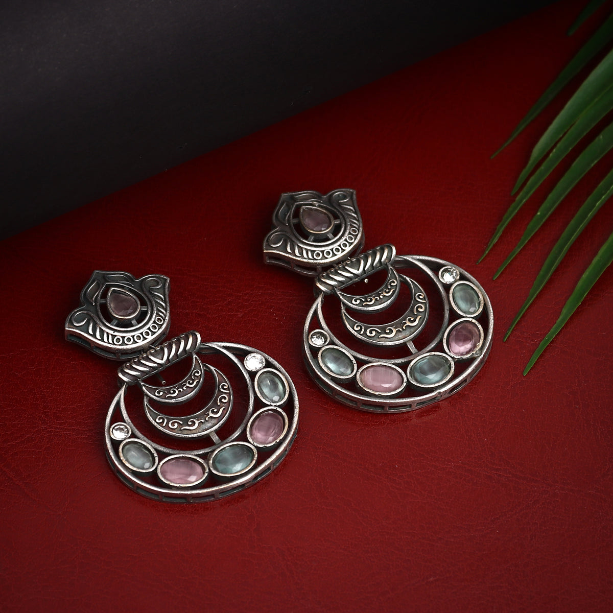 Silver Oxidised finish multi colored Stone drop Earring