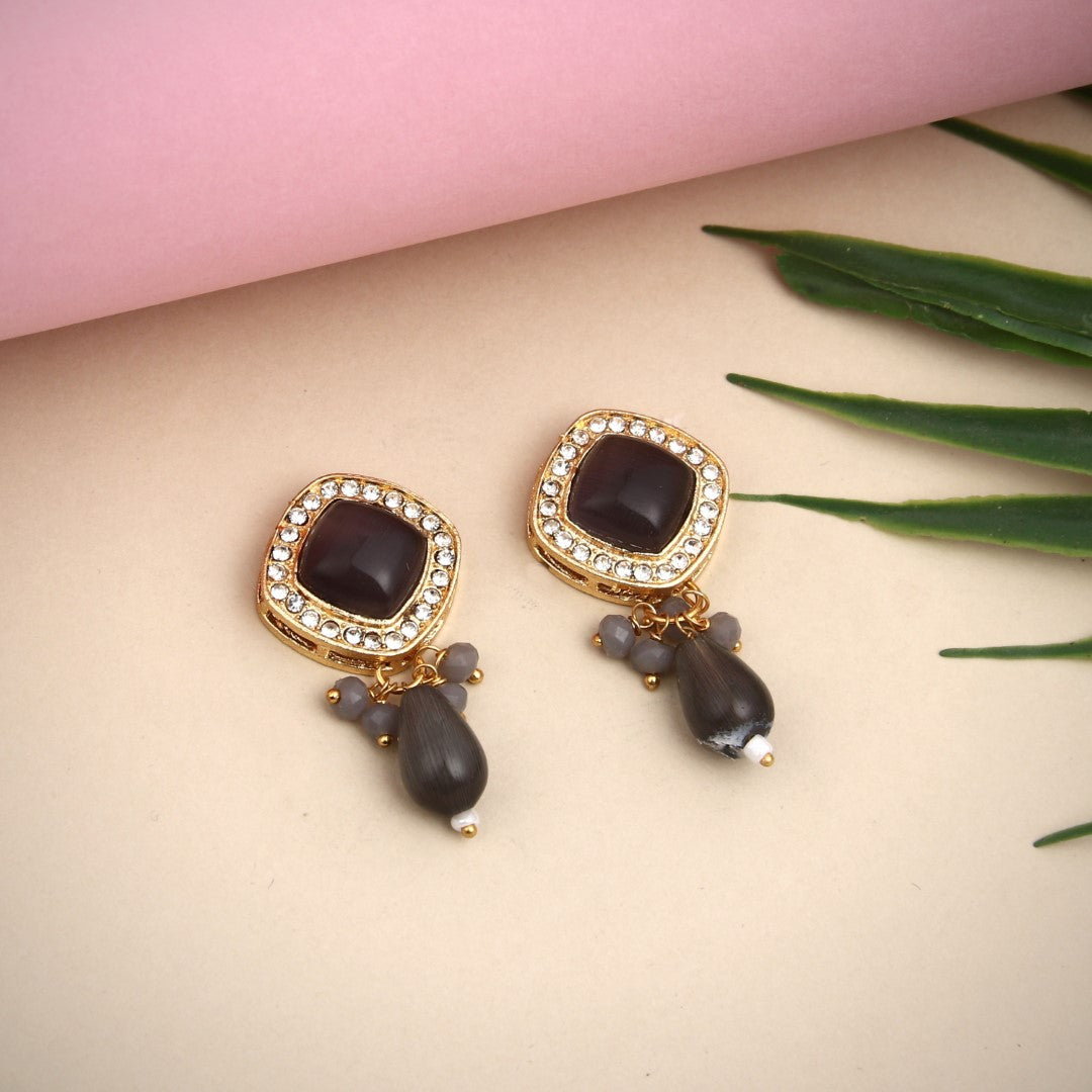 Gold plated Monalisa Stone studs with Glass bead drops Purple
