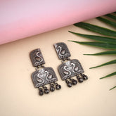 Silver Oxidised finish, peacock embossed drop Earring