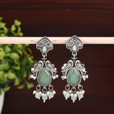 Silver Oxidised finish long drop Earring with Glass stone