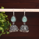 Silver Oxydised Jhumka with Green Stone