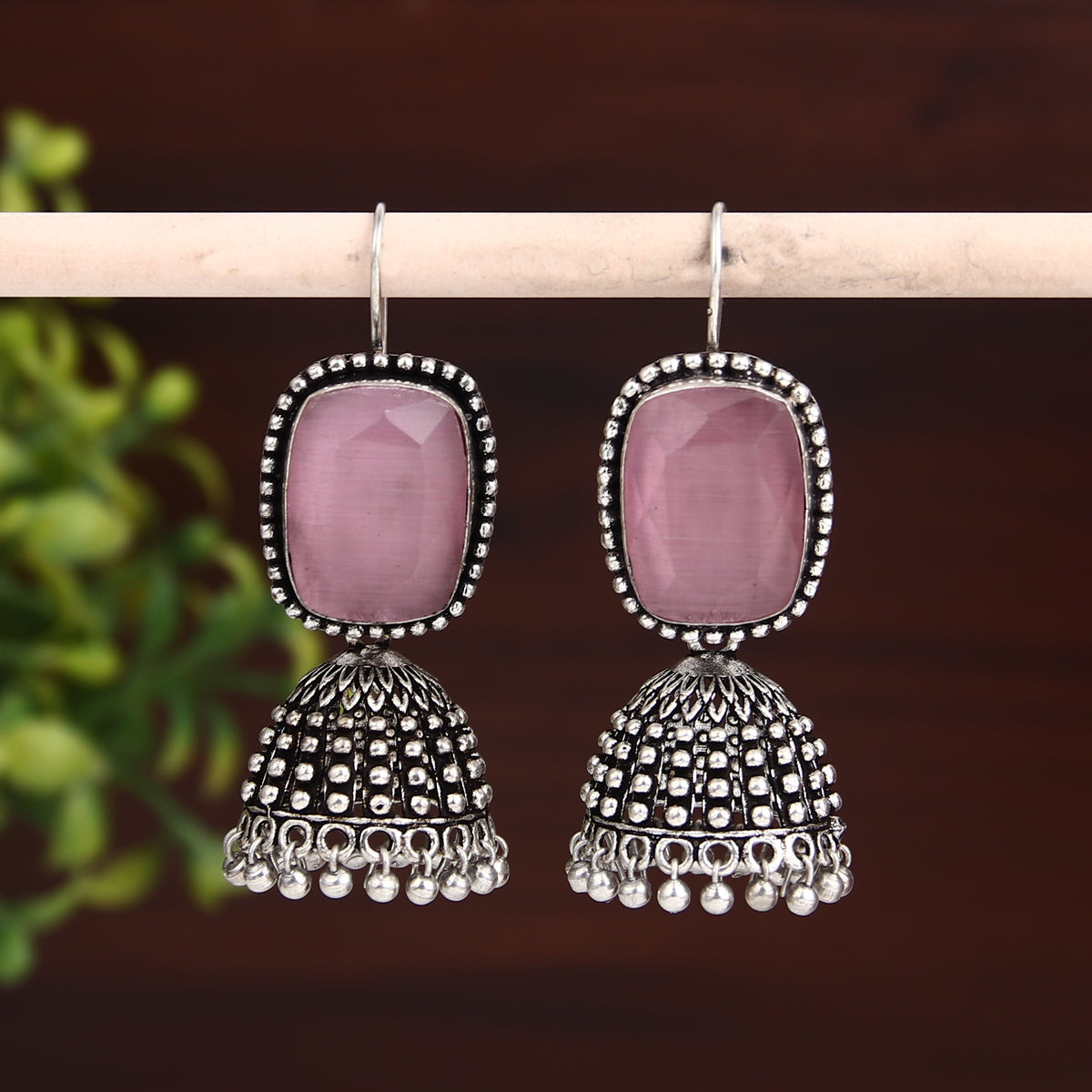 Silver Oxidised finish Jhumka with big glass Stone