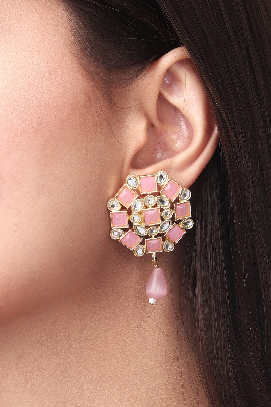 Gold plated Pink & White Monalisa Stone Studs with pearl drop
