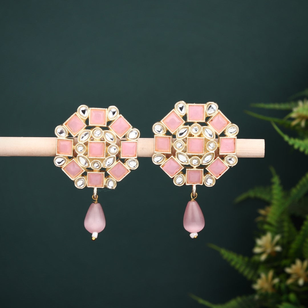 Gold plated Pink & White Monalisa Stone Studs with pearl drop