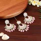 Meenakari Earring & Maangtika Set with Kundan pink