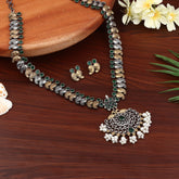 Dual Tone Long Necklace Set with AD & Quartz stone