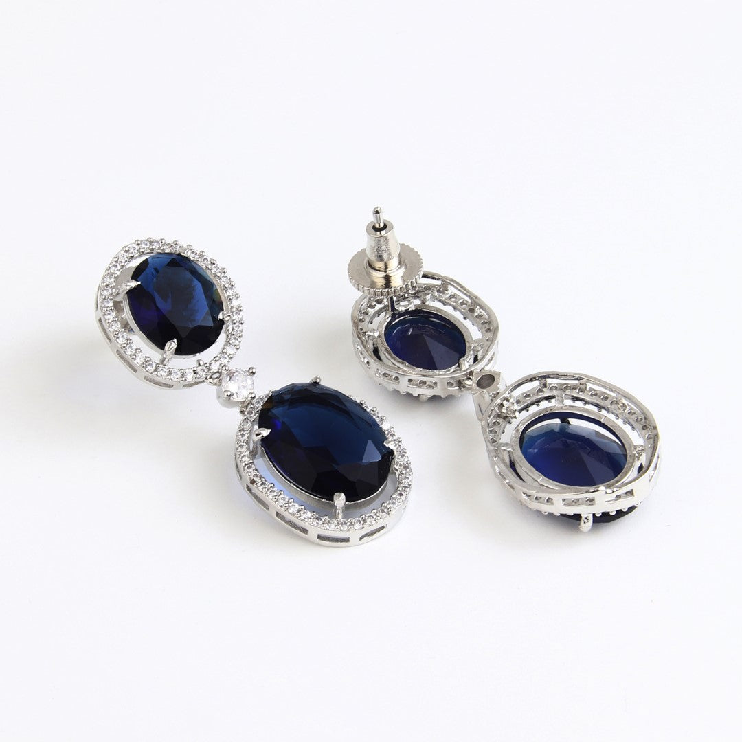 Oval Drop Earrings with CZ Stones Blue