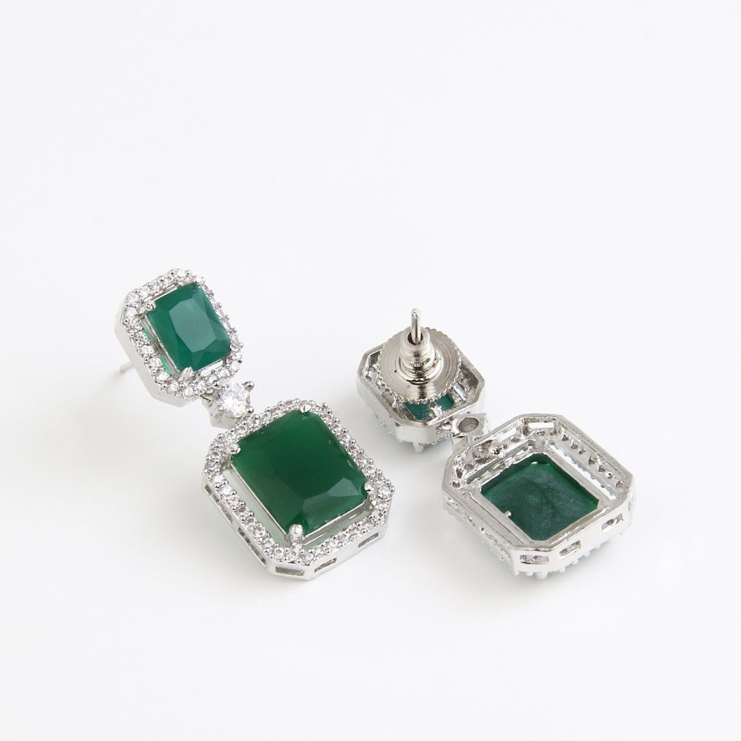 Rhodium Plated Rectangular CZ stone drop earring Green