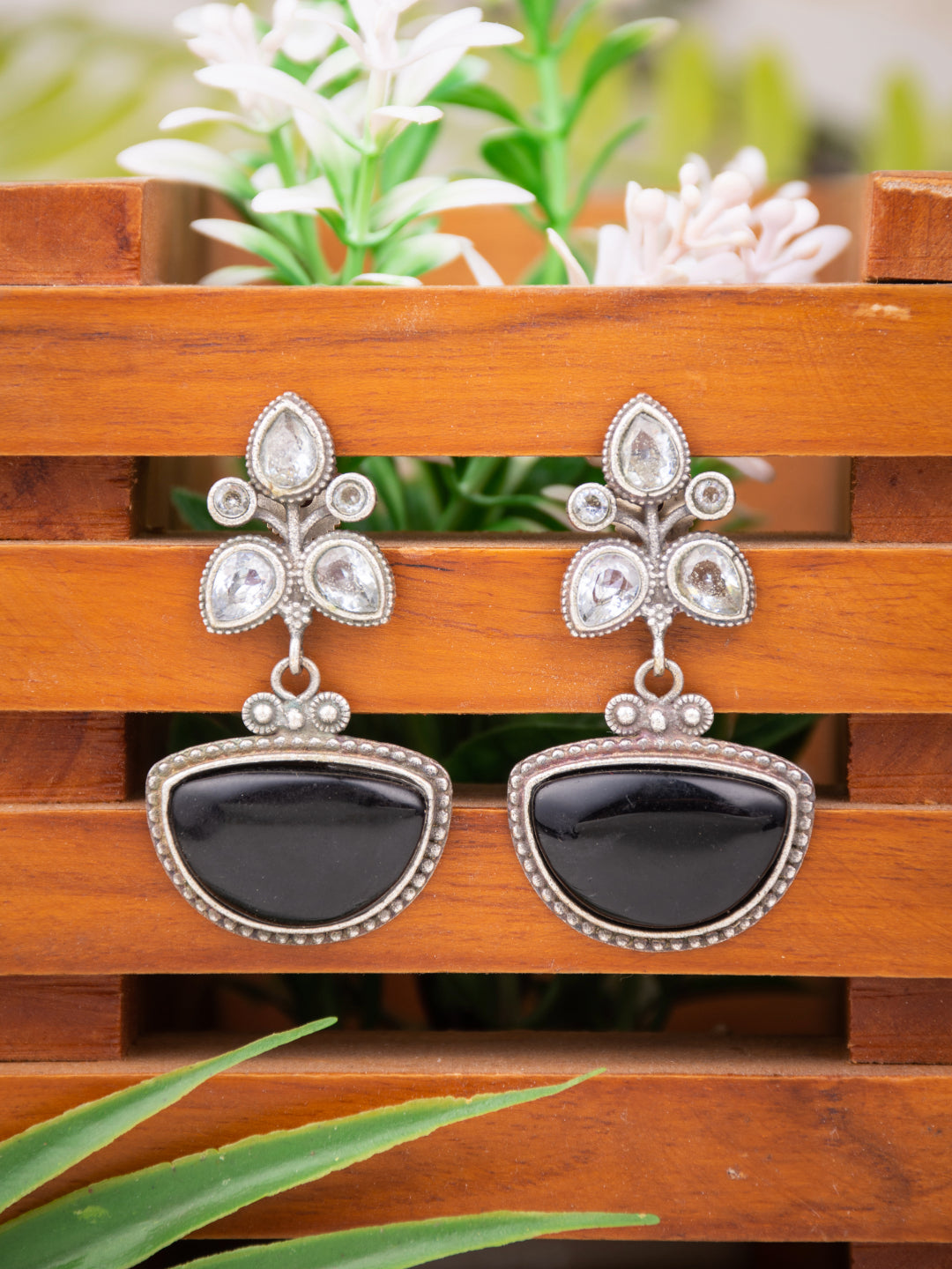 Silver Oxidised finish AD stone drop earring