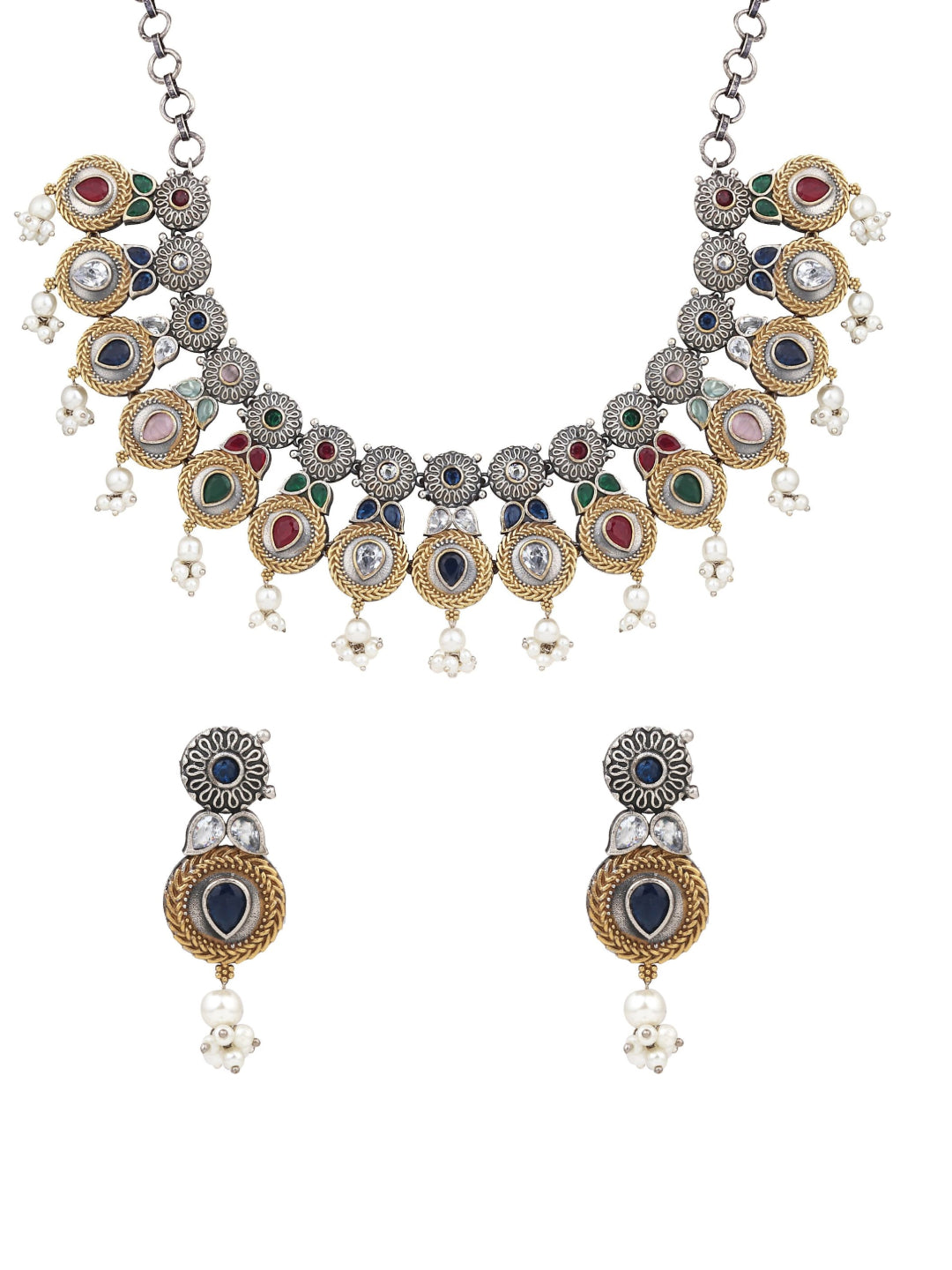 Dual Tone Necklace Set with AD & Camp stone