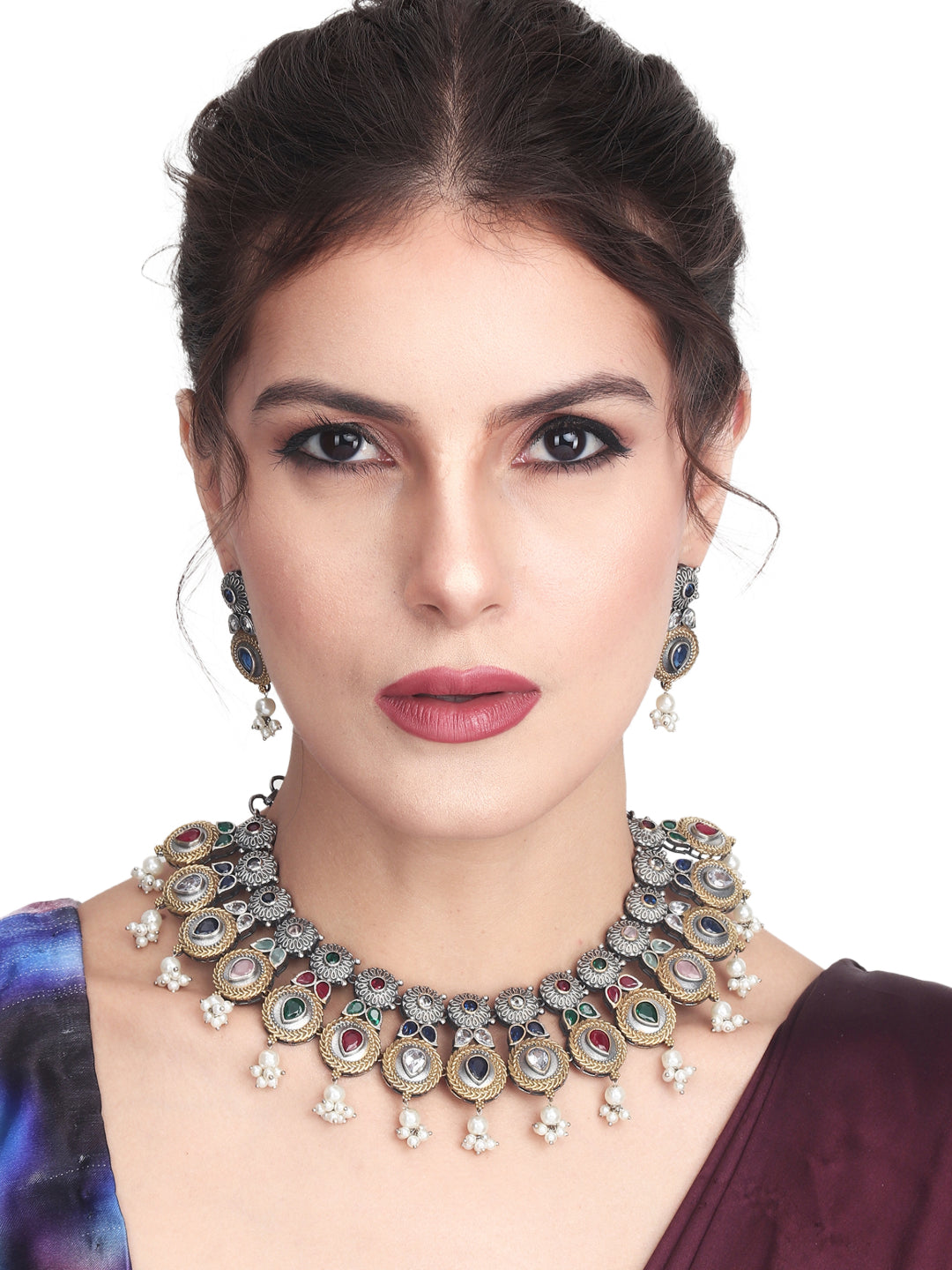 Dual Tone Necklace Set with AD & Camp stone