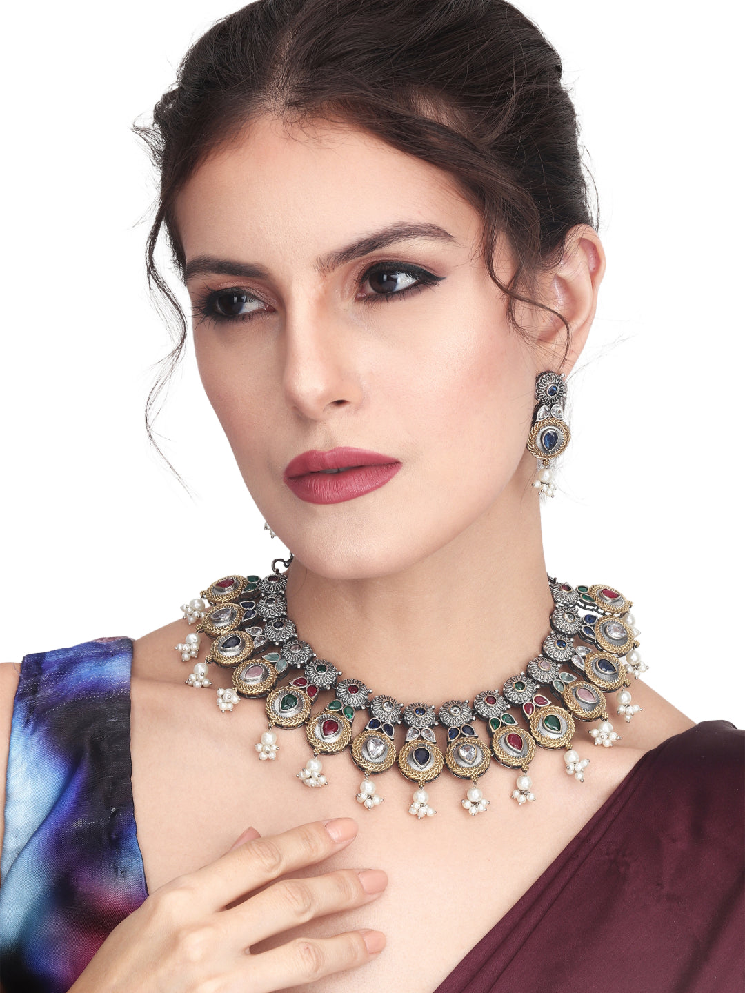 Dual Tone Necklace Set with AD & Camp stone