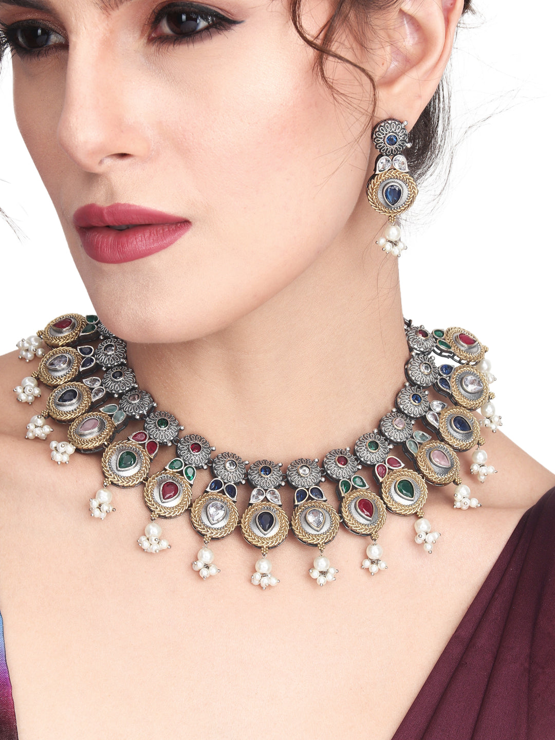 Dual Tone Necklace Set with AD & Camp stone
