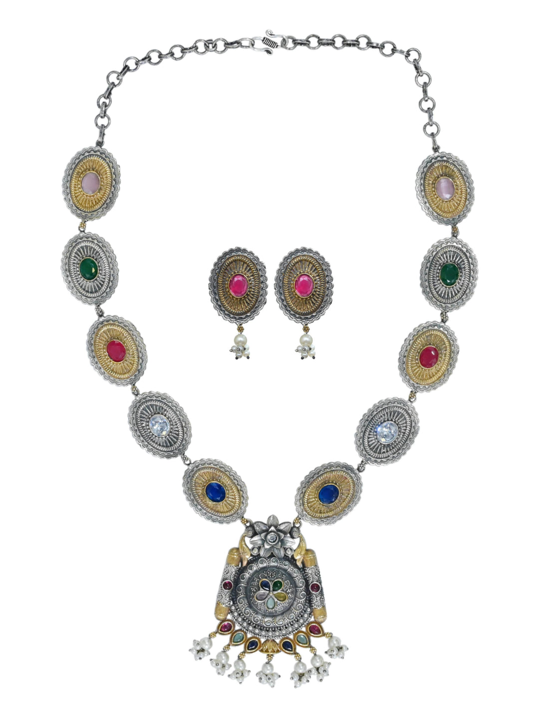 Dual Tone Long Necklace Set with AD & Camp stone