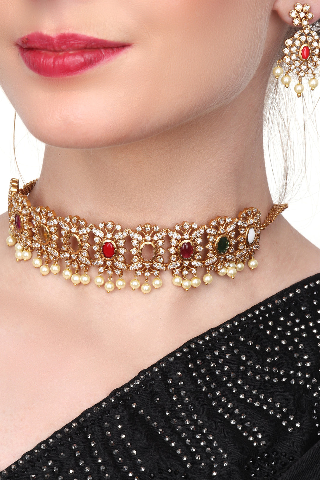 Kemp Gold Plated Choker & Earring set with Multi coloured stone.