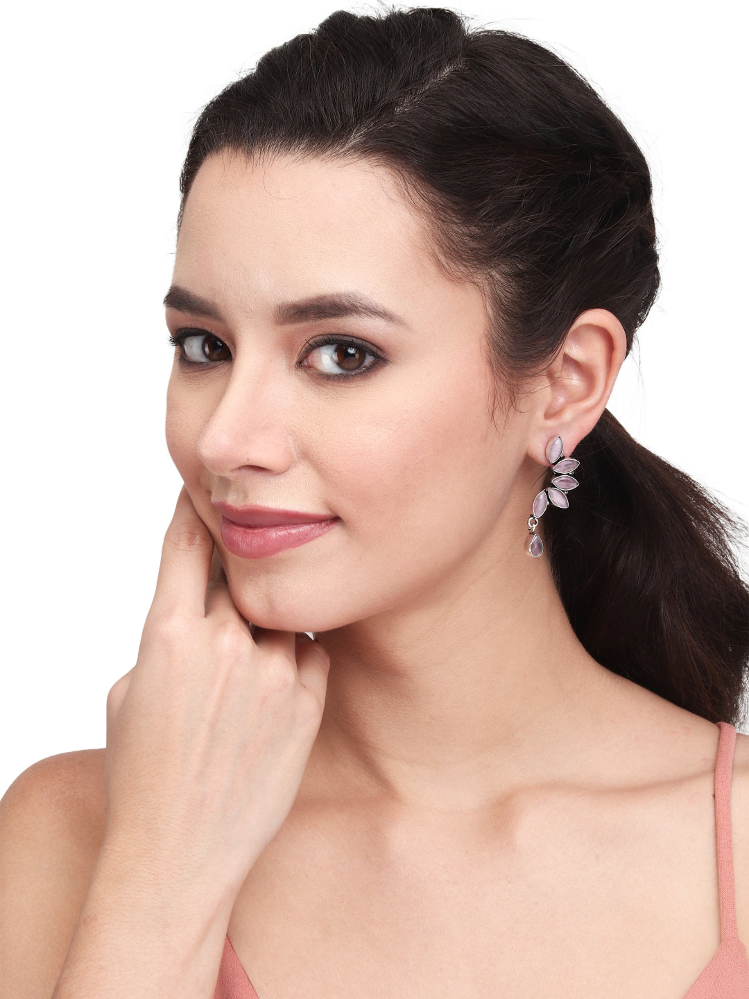 Silver Oxidised finish Light Pink Monalisa stone drop earring