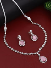 CZ Necklace with Pendant & Drop Earring Set in Pink