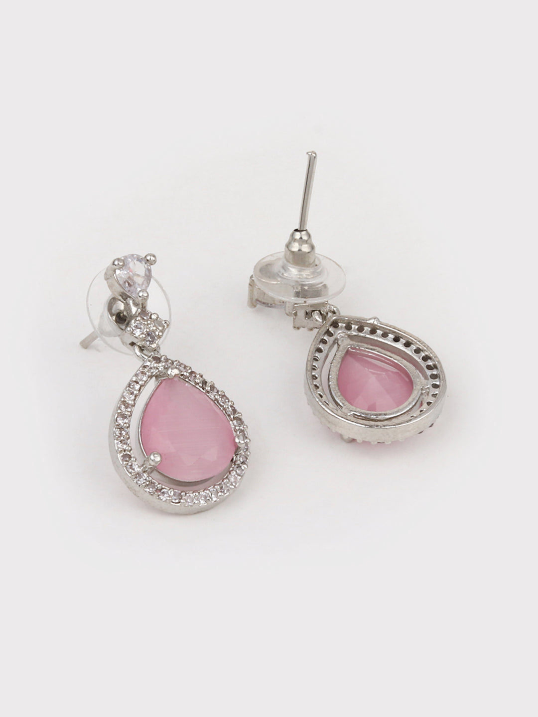 CZ Necklace with Pendant & Drop Earring Set in Pink