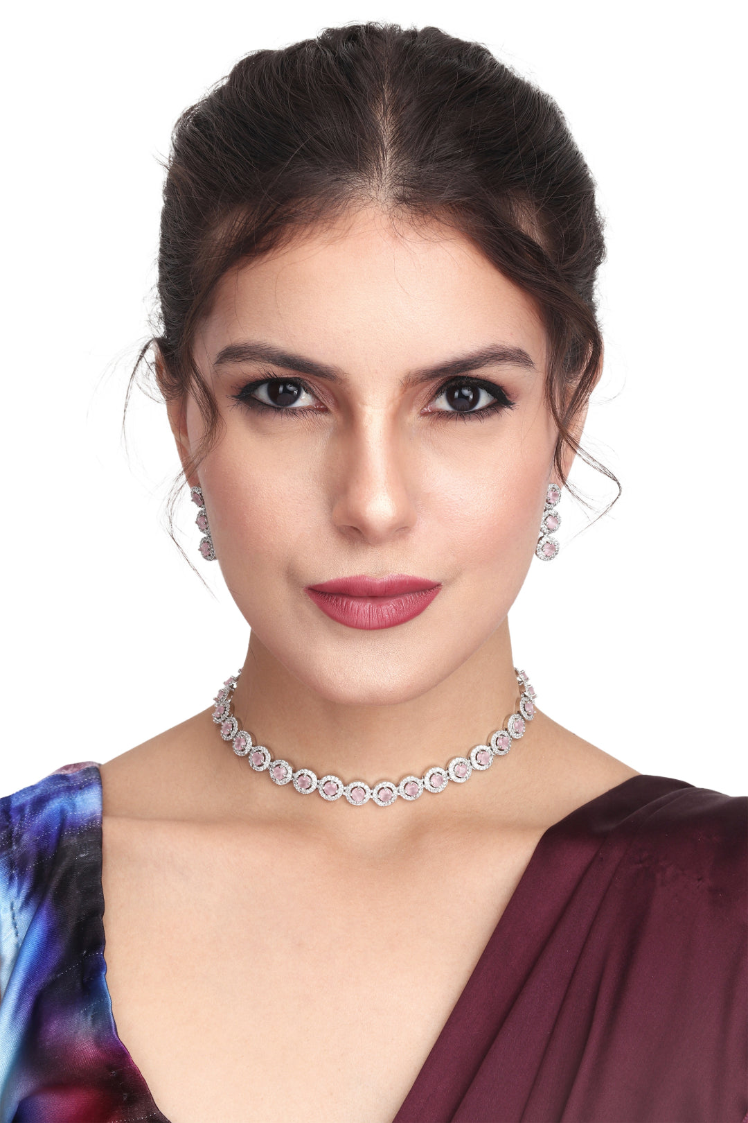 CZ stone delicate choker & earring set in Pink