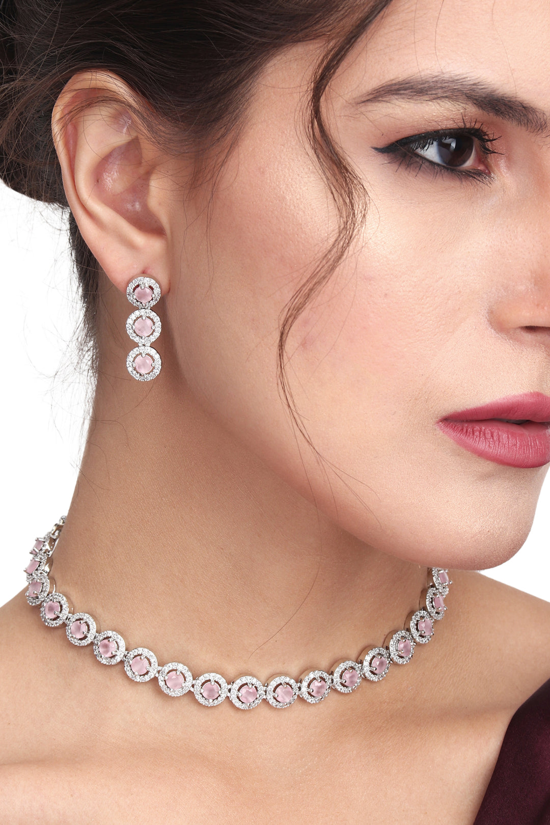 CZ stone delicate choker & earring set in Pink