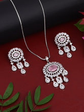 CZ Necklace with Pendant & Drop Earring Set Pink