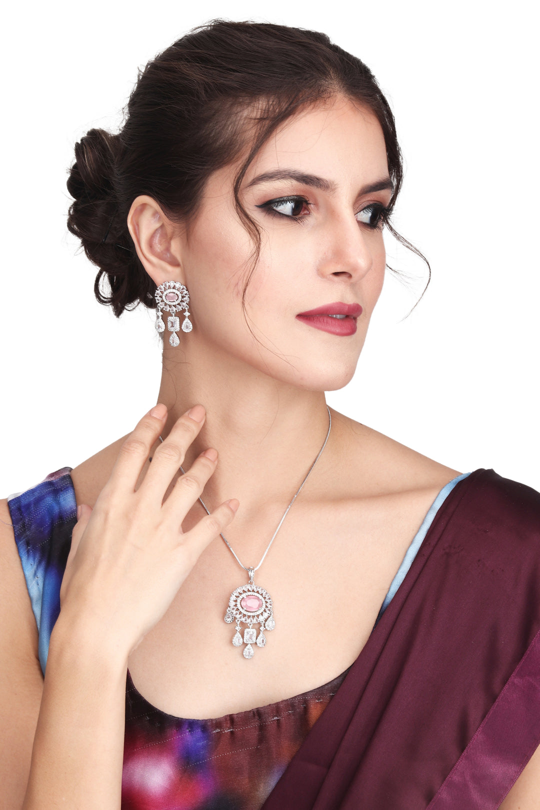 CZ Necklace with Pendant & Drop Earring Set Pink