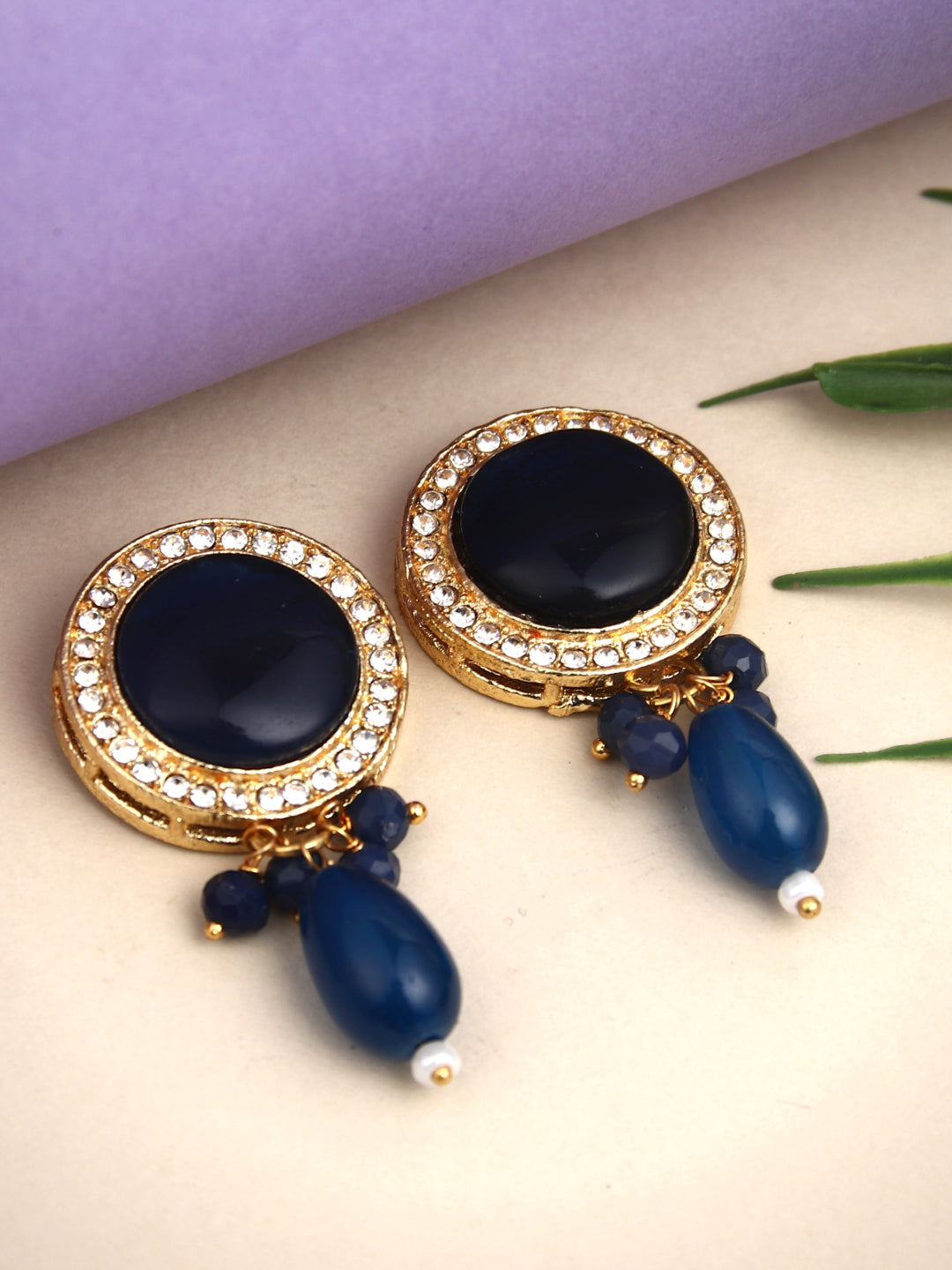 Gold plated Monalisa Stone studs with Glass bead drops blue