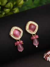 Gold plated Monalisa Stone studs with Glass bead drops Pink